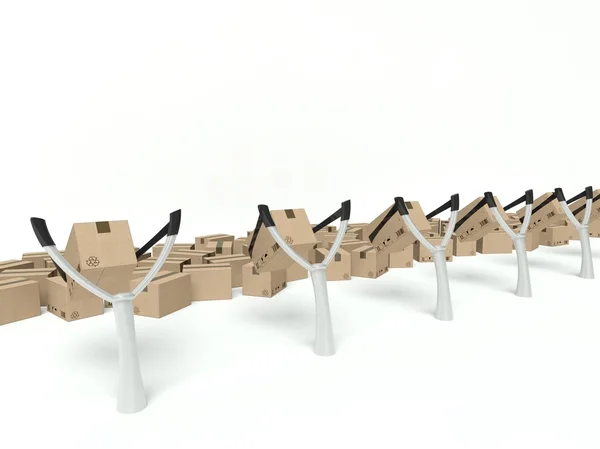 Metafora per la consegna espressa, scatole di cartone su una fionda — Foto Stock