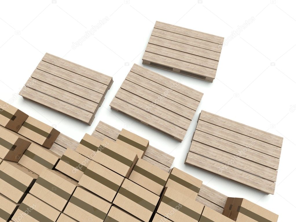 Cardboard boxes on wooden pallets, warehouse