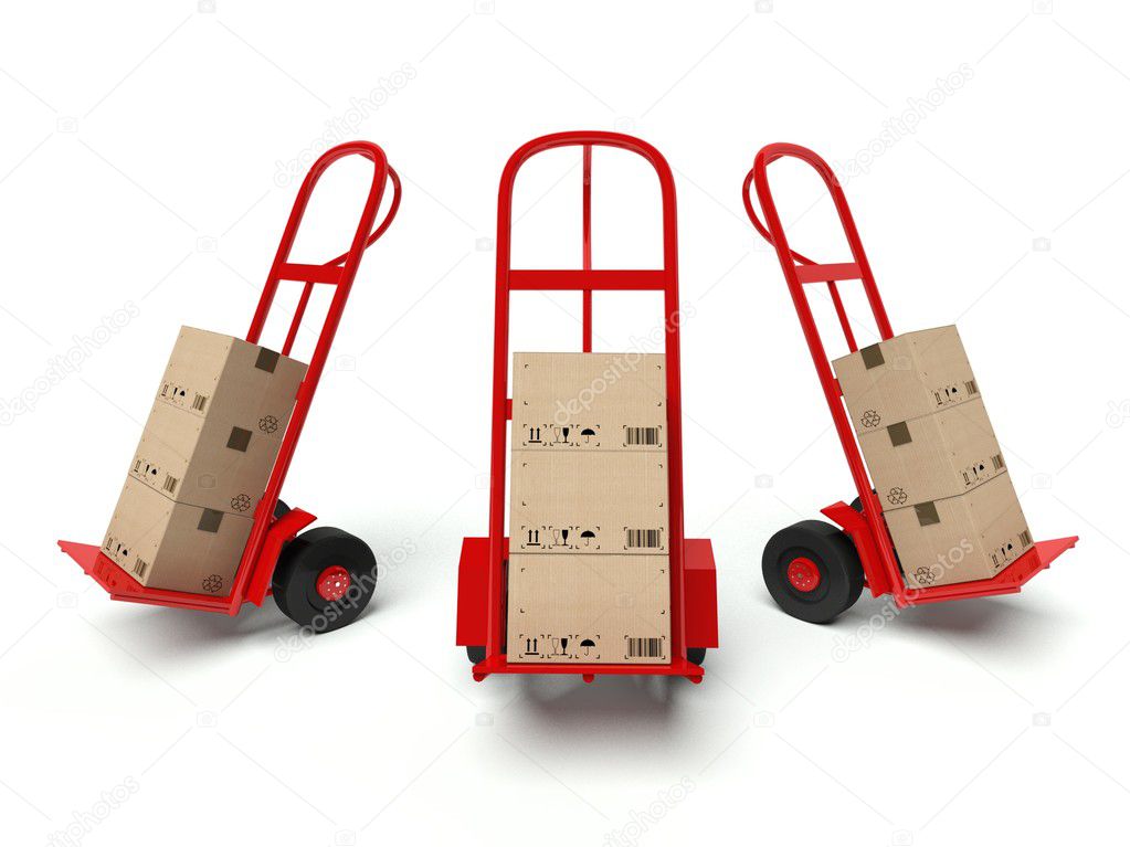 Three warehouse hand trucks with cardboard boxes isolated on white