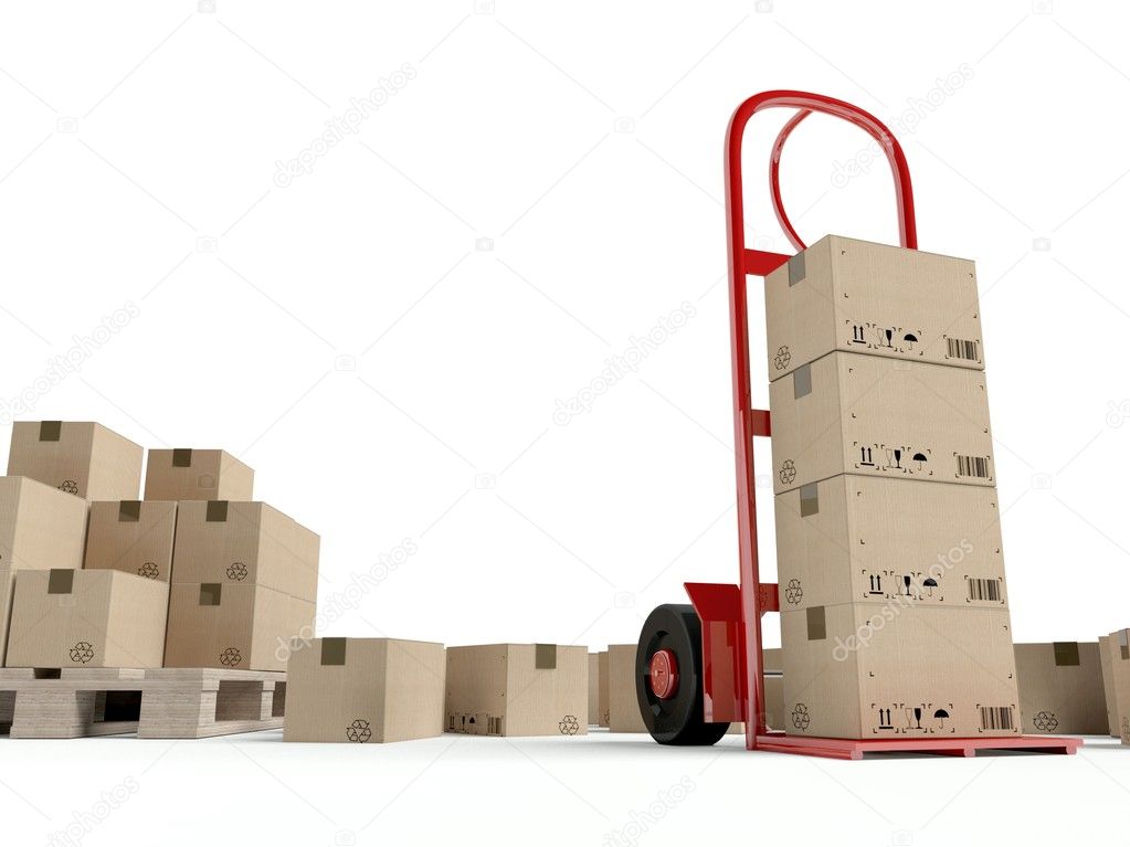 Warehouse hand truck and many cardboard boxes
