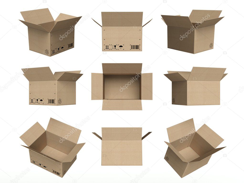 Set of icons, open cardboard boxes isolated on white