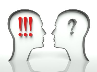 Faces with question marks and exclamation, concept of misunderstanding clipart