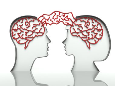 Man and woman heads profiles with connected brains, concept of communication clipart