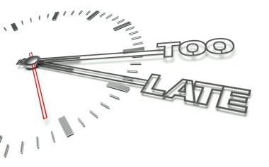 Clock with words Too late, concept of delay clipart