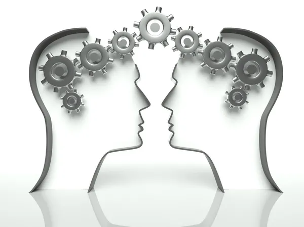 Brains made of gears in heads, concept of thinking and communication — Stock Photo, Image