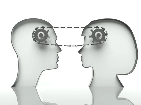 Gears and chain in heads, concept of teamwork with communication — Stock Photo, Image