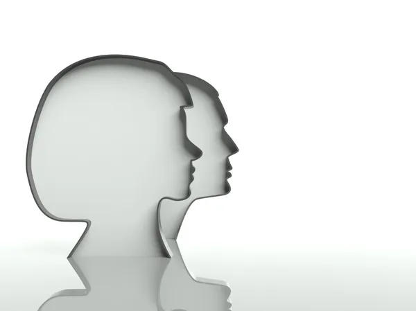 Hombre y mujer cabezas perfiles sobre fondo blanco, espacio de texto —  Fotos de Stock