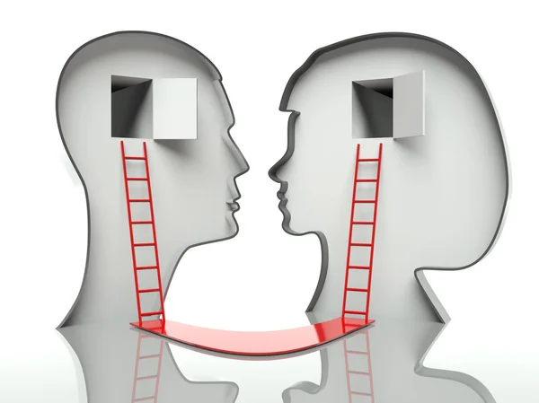 Man and woman faces profiles with ladders and path, concept of communication — Stock Photo, Image