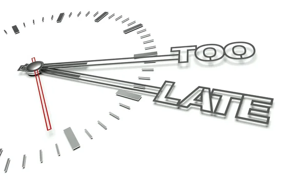 Relógio com palavras Tarde demais, conceito de atraso — Fotografia de Stock