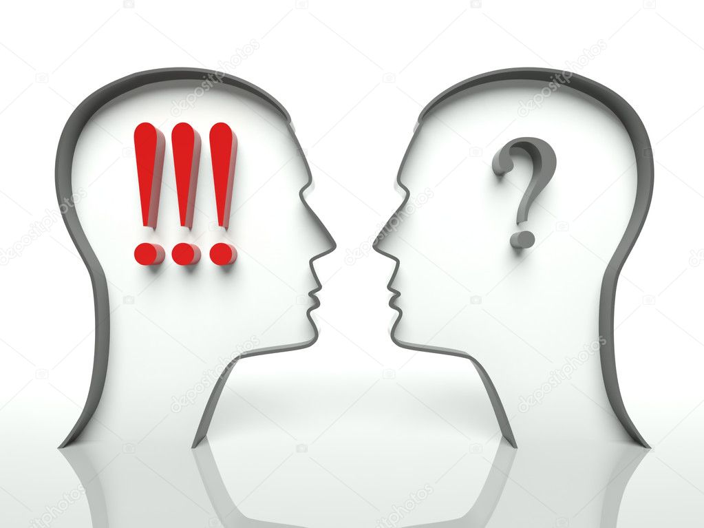 Faces with question marks and exclamation, concept of misunderstanding — Stock Photo, Image