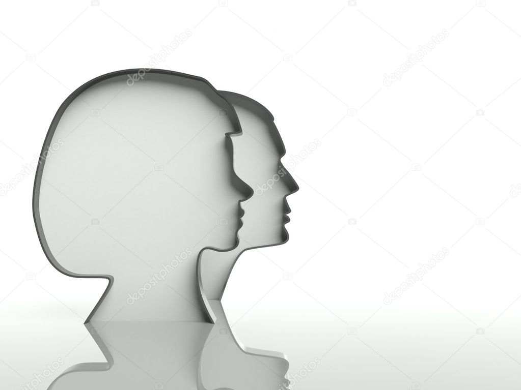 Man and woman heads profiles on white background, text space