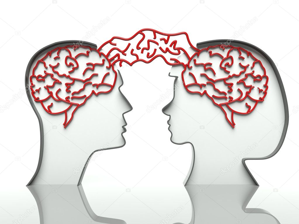Man and woman heads profiles with connected brains, concept of communication