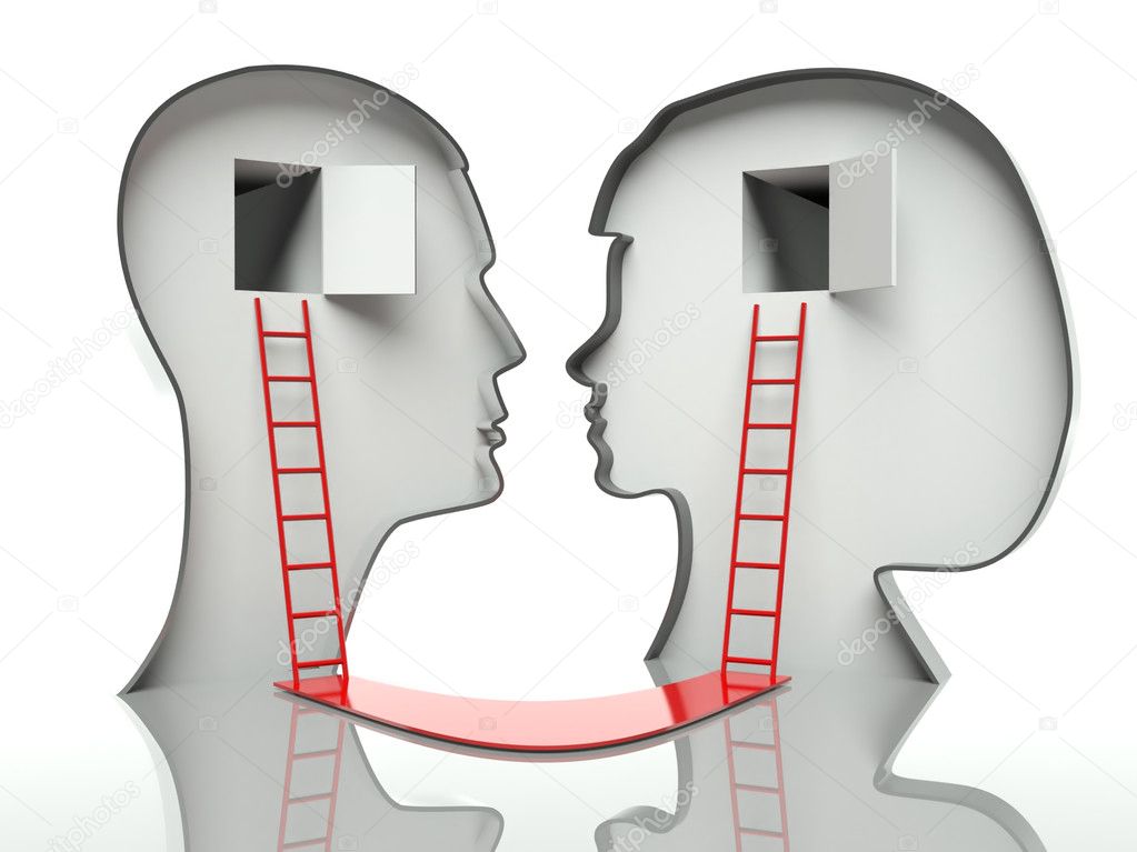 Man and woman faces profiles with ladders and path, concept of communication