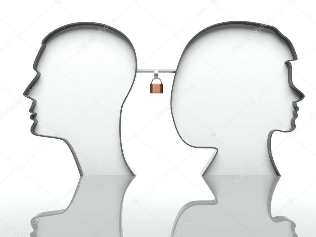 Man and woman faces profiles with padlock, concept of affection