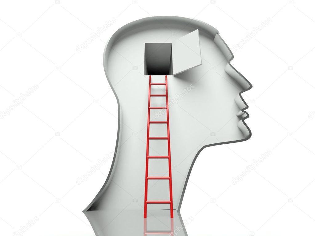 Door in head and ladder, concept of open mind