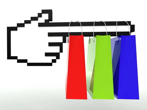 Koncepcja e-commerce, torba na zakupy z ikona dłoni — Zdjęcie stockowe