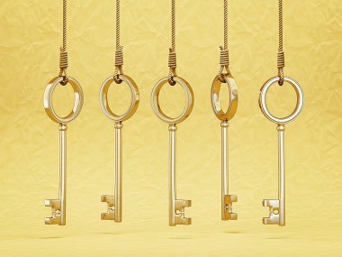 Gold keys hang on a rope isolated clipart