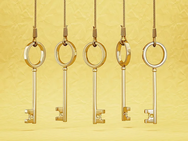 Zlaté klíče visí na laně, samostatný — Stock fotografie