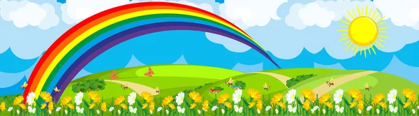 虹は、花畑 — ストックベクタ