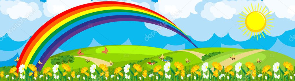 Rainbow over the flower field