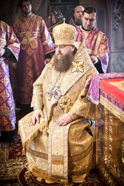 The bishop sits during ordination clipart