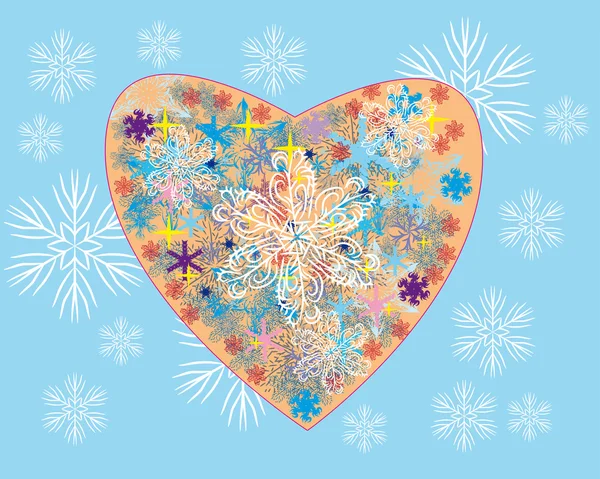 Fantasía invierno corazón con copos de nieve — Vector de stock