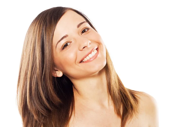 Young beautiful joyful woman against white background — Stock Photo, Image