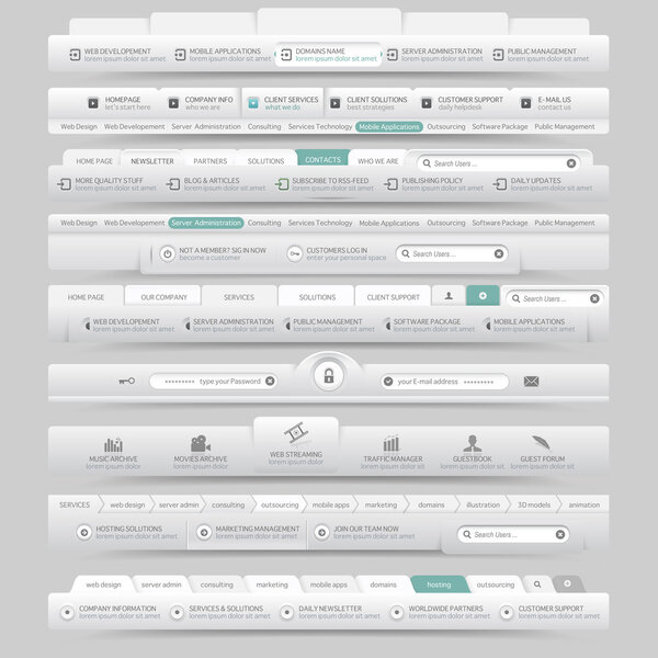 Web site design template navigation elements with icons set