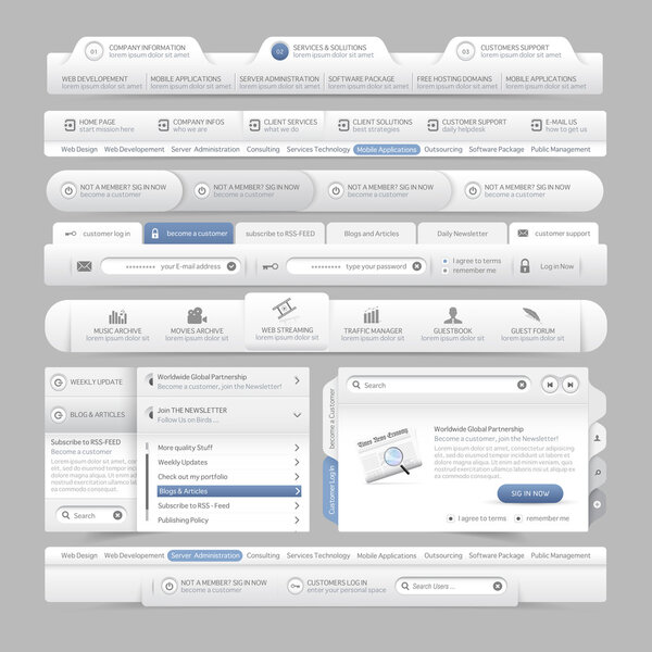 Elementos de navegación de menú de diseño del sitio web con conjunto de iconos: Barras de menú de navegación — Vector de stock