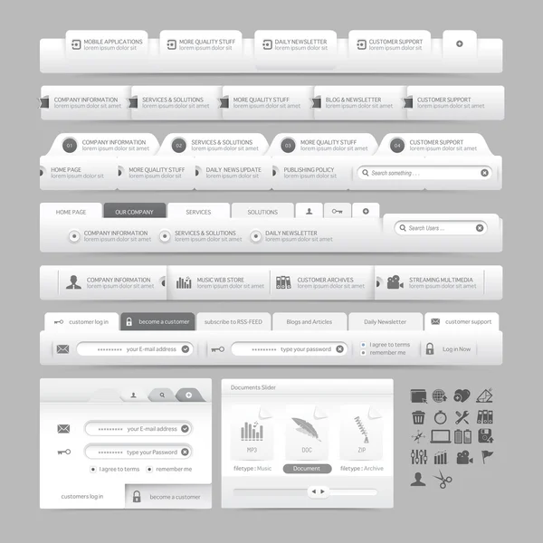 Menu di design del sito web elementi di navigazione con icone impostate: Barre menu di navigazione — Vettoriale Stock