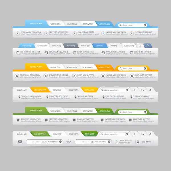 Elementos de navegación de menú de diseño del sitio web con conjunto de iconos: Barras de menú de navegación — Archivo Imágenes Vectoriales