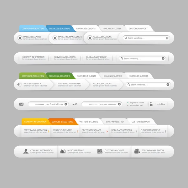 Menu di design del sito web elementi di navigazione con icone impostate: Barre menu di navigazione — Vettoriale Stock