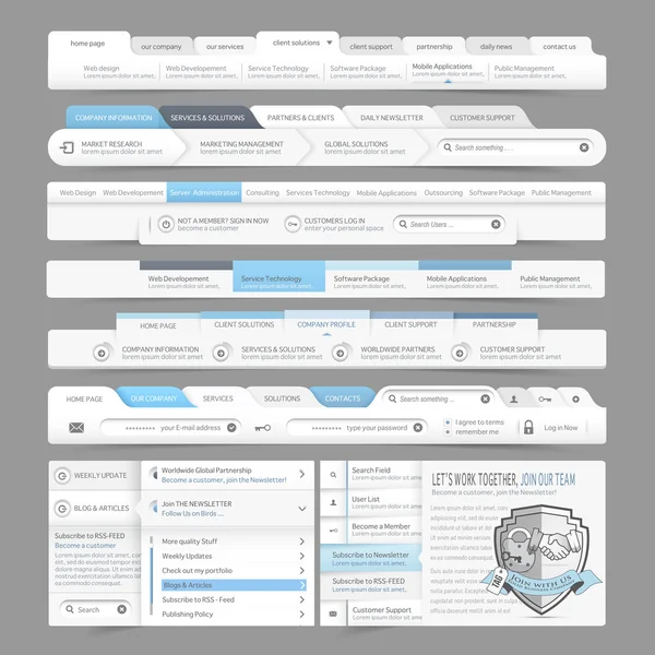 Web site design menu navigation elements with icons set:Navigation menu bars — Stock Vector