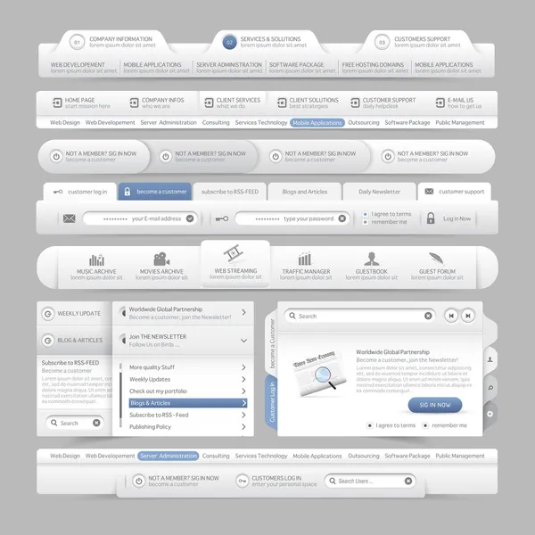 Elementos de navegação do menu de design do site com ícones definidos: Barras de menu de navegação —  Vetores de Stock