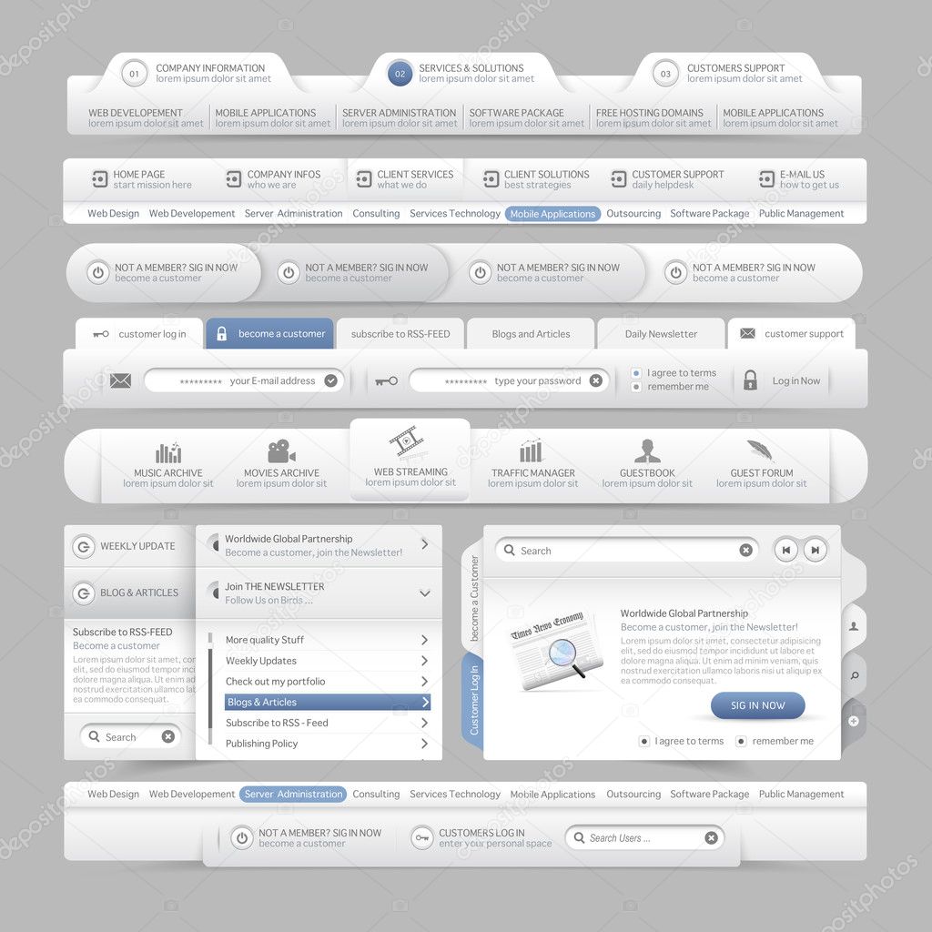 Web site design menu navigation elements with icons set:Navigation menu bars