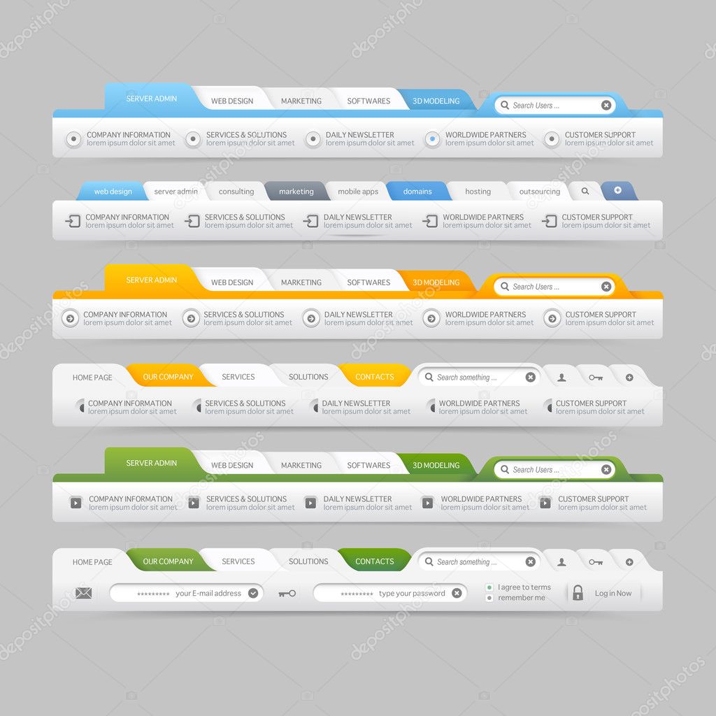 Web site design menu navigation elements with icons set:Navigation menu bars