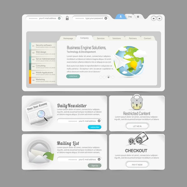 ウェブサイト デザイン テンプレート メニュー要素のアイコン セットと: 画像スライダー — ストックベクタ