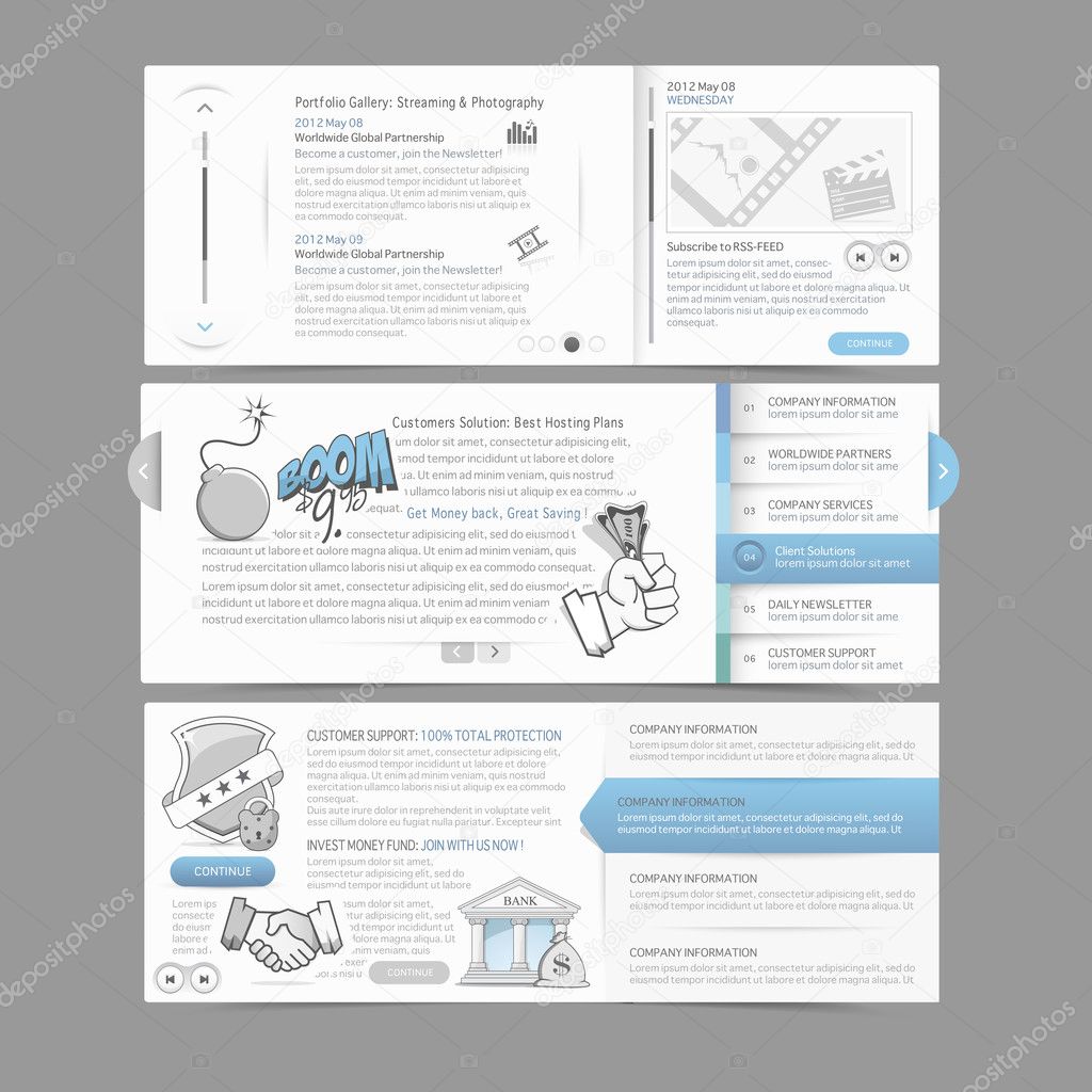 Web site design menu navigation elements with icons set: Gallery Image slider
