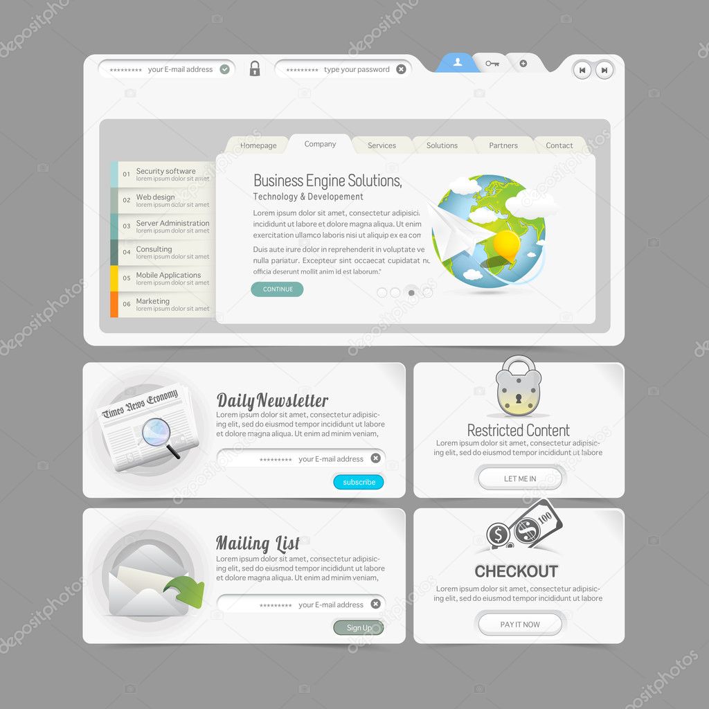 Website design template menu elements with icons set: Image slider