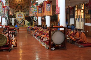 The service in a Buddhist temple in McLeod Ganji, North India. clipart