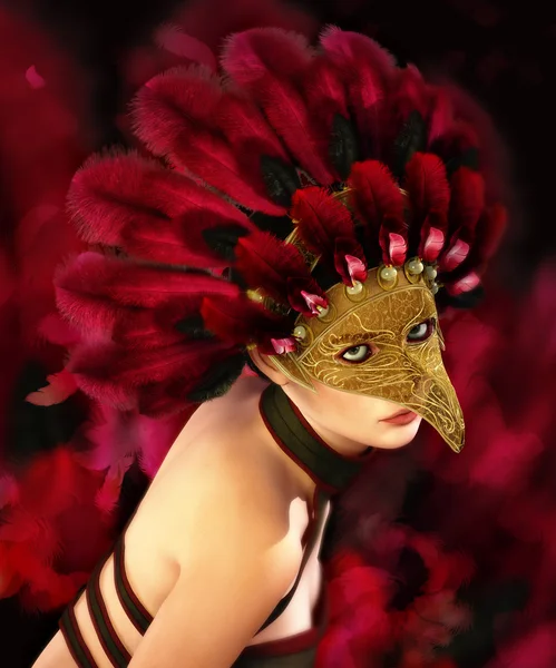 Портрет молодой женщины в маске и перьевой короне — стоковое фото
