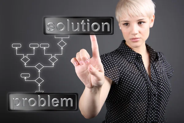 Problem çözme kavramı - ekran dokunaklı bir iş kadını — Stok fotoğraf