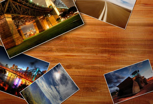 Fotos na mesa de madeira — Fotografia de Stock