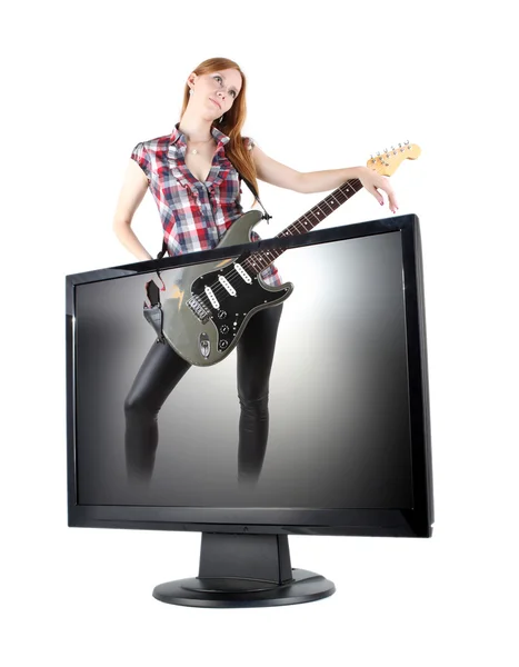 Moderní lcd monitor, izolované s holkou — Stock fotografie