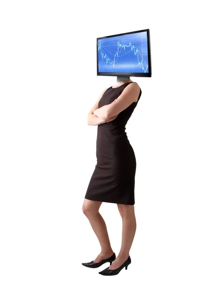 Affärskvinna, isolerade över vit bakgrund med skärm i stället för huvudet — Stockfoto