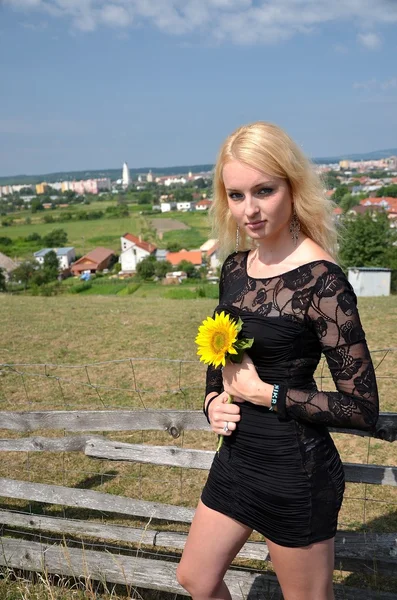 Siyah elbiseli seksi sarışın Bayan — Stok fotoğraf