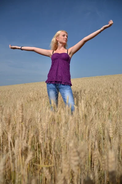 Сексуальная женщина с цветком в золотой пшенице — стоковое фото