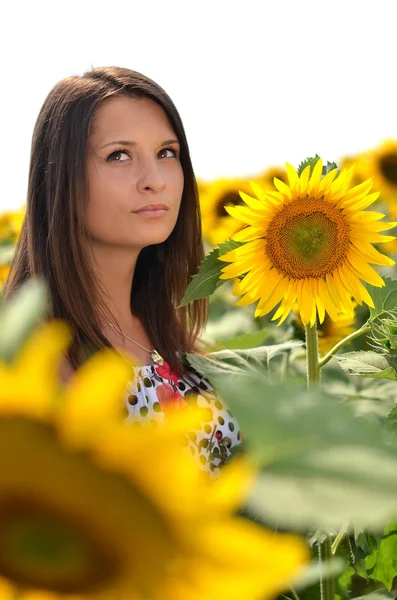 Πορτρέτο της νεαρής γυναίκας με ηλιοτρόπια — Φωτογραφία Αρχείου