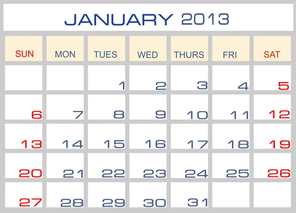 Calendario vettoriale gennaio 2013 — Vettoriale Stock