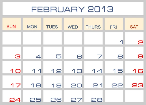Vector calendar February 2013 — Stock Vector